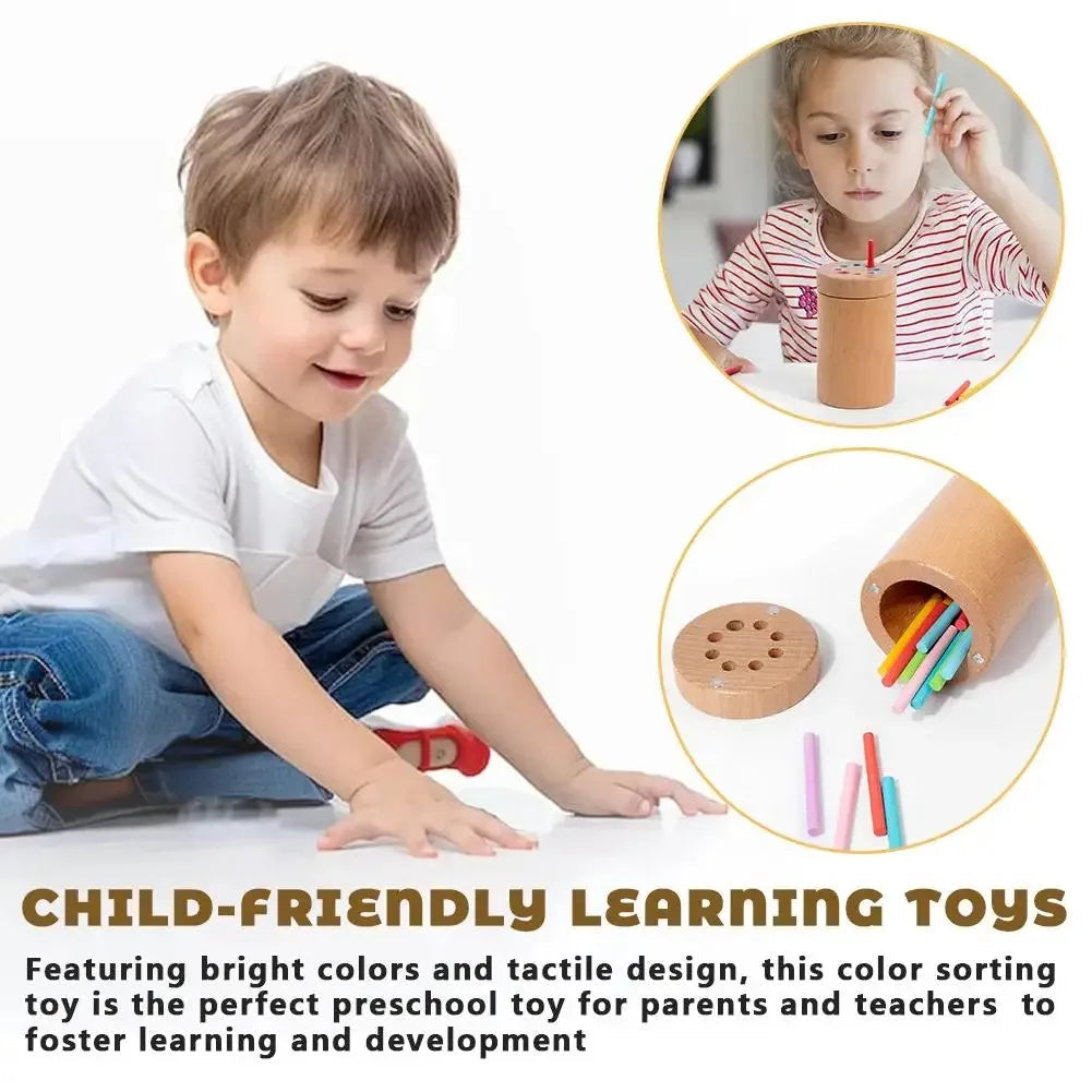Children using a wooden color sorting toy, with a close-up of its removable lid and sticks.