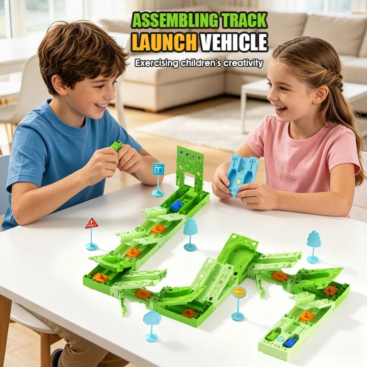Two children connecting green race track sections at a table