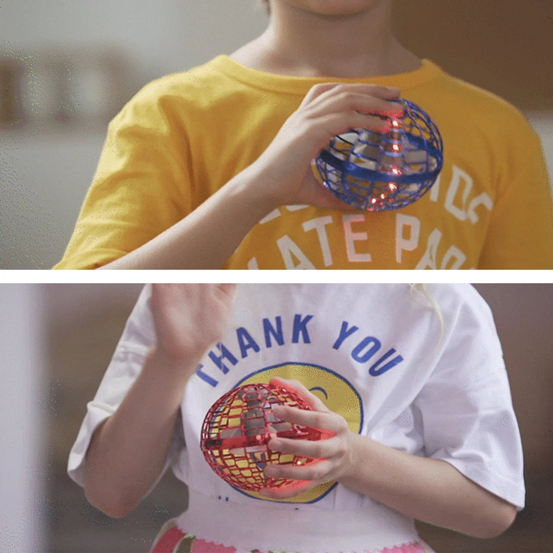 Children holding blue and red flying balls in two close-up views