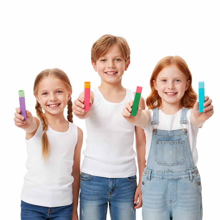 Three children holding colorful stain remover pens