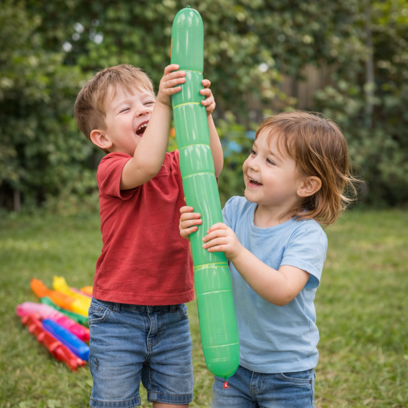 Two children holding a long green rocket balloon outdoors