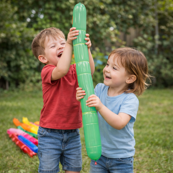 Two children holding a long green rocket balloon outdoors