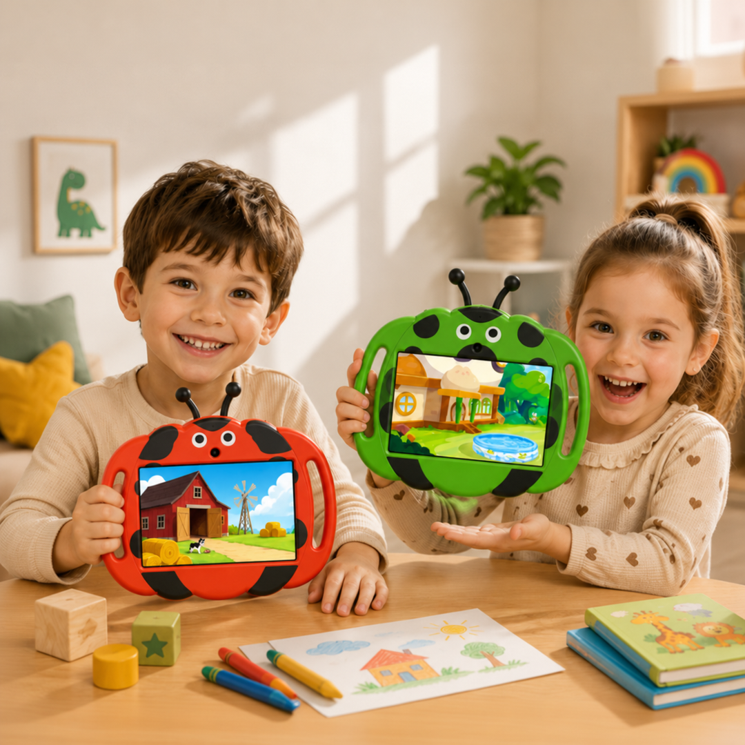Two children holding red and green ladybug kids&
