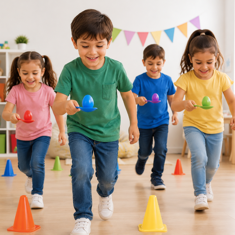 Children balancing colorful wooden eggs on spoons during an indoor race.