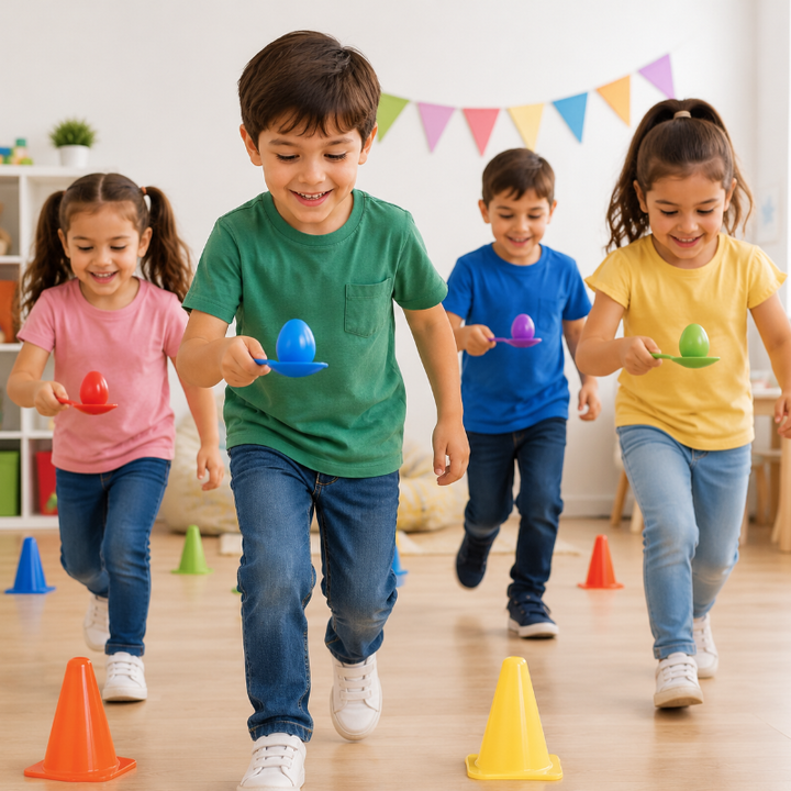 Children balancing colorful wooden eggs on spoons during an indoor race.