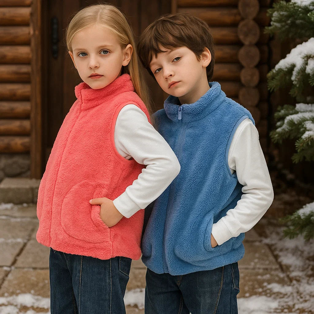 Two children wearing pink and blue fleece vests over long-sleeve tops outdoors