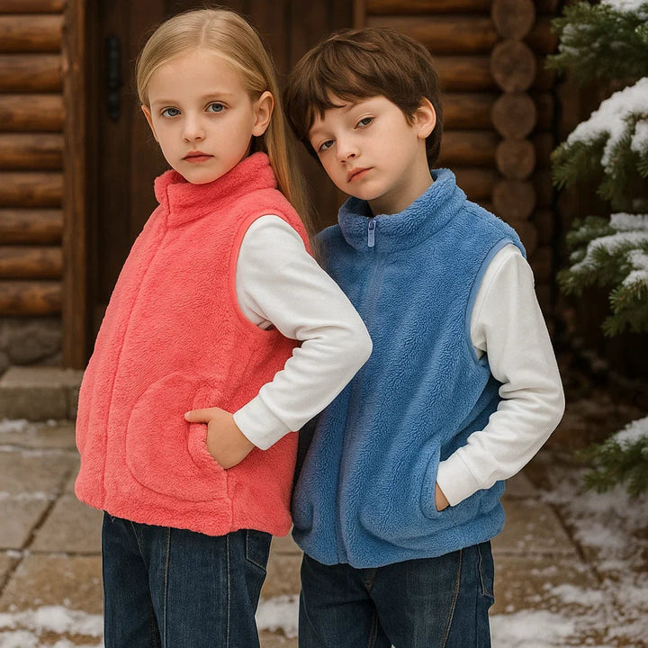 Two children wearing pink and blue fleece vests over long-sleeve tops outdoors