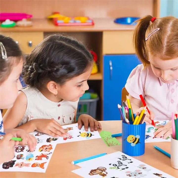 Children working on animal sticker crafts around a table