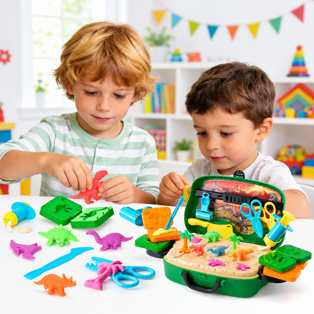 Two children making clay dinosaurs beside the open dinosaur play case