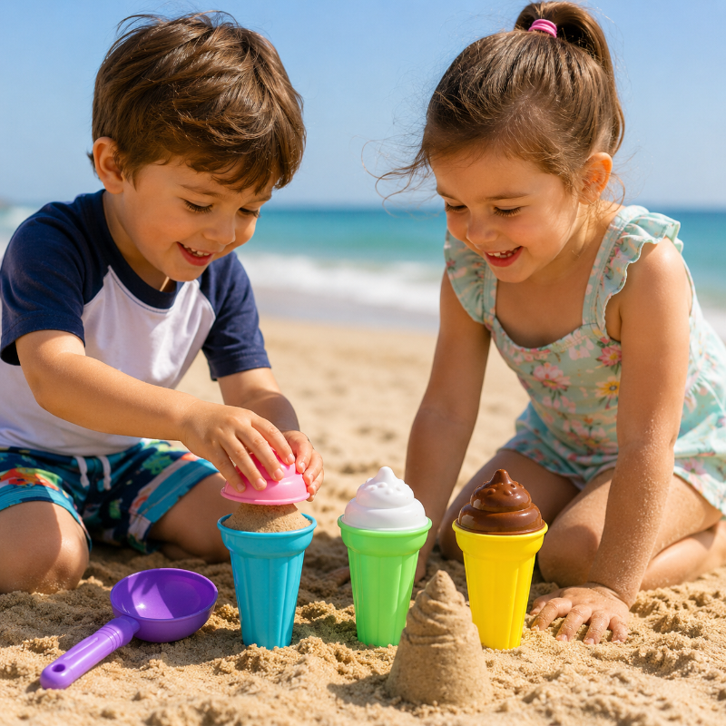 Two children making pretend sand ice creams with colorful cone cups and a purple scoop at the beach