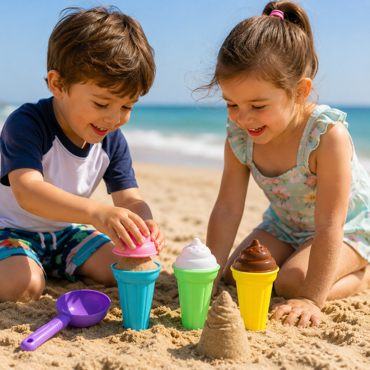 Two children making pretend sand ice creams with colorful cone cups and a purple scoop at the beach