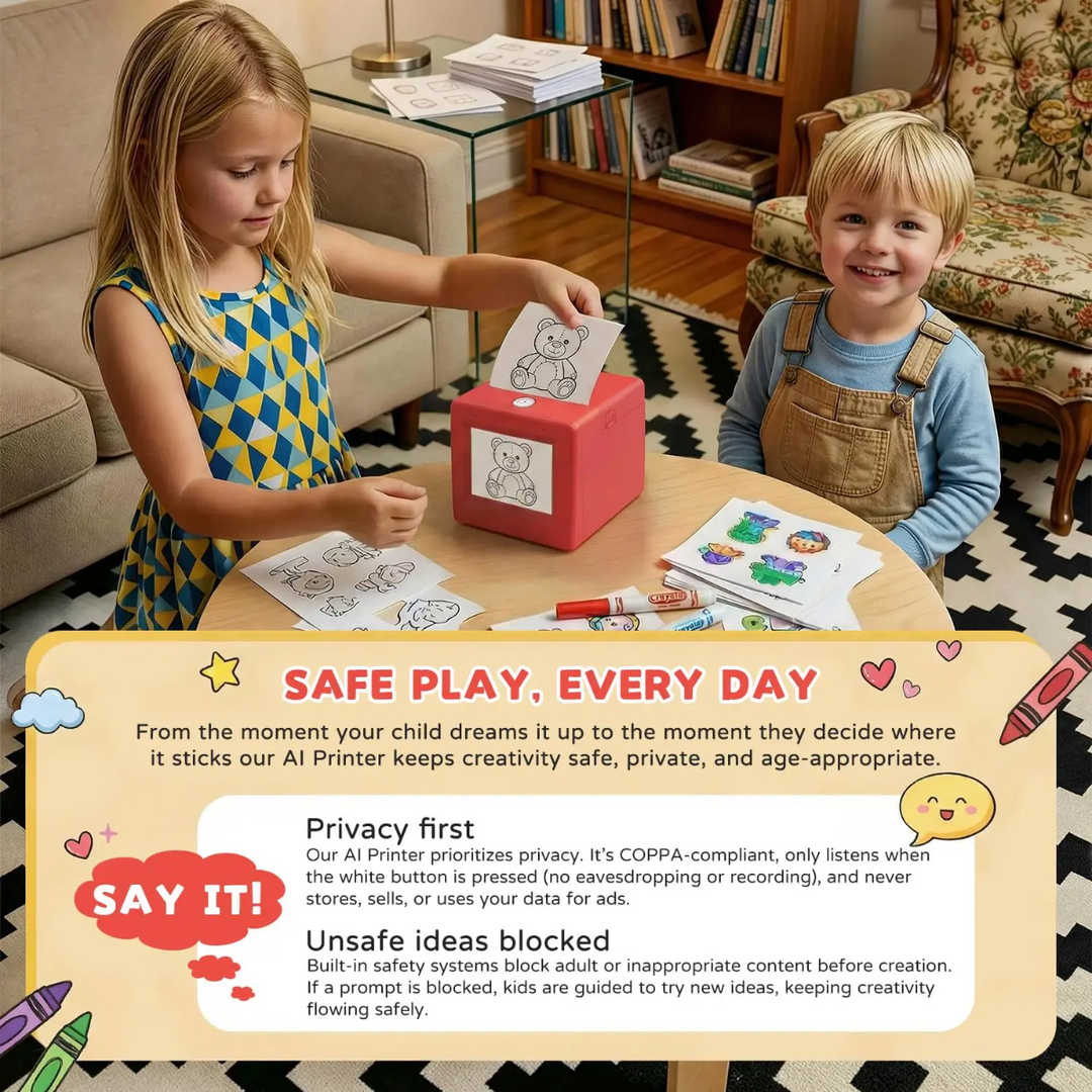 Two children using a red AI sticker printer at a table with sticker designs