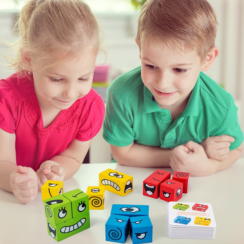 Two children matching colorful wooden face blocks to expression cards