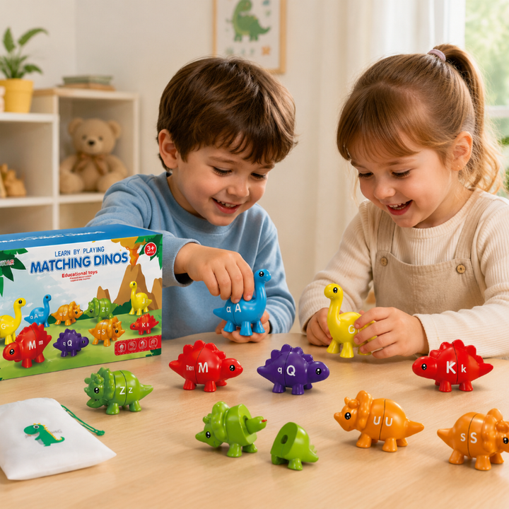 Two children matching colorful letter dinosaur halves at a table