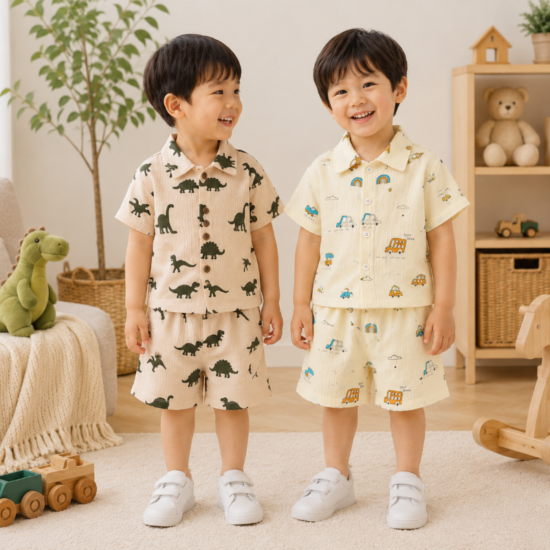Two children wearing cream shirt-and-shorts sets in dinosaur and colorful car prints