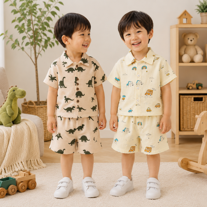 Two children wearing cream shirt-and-shorts sets in dinosaur and colorful car prints