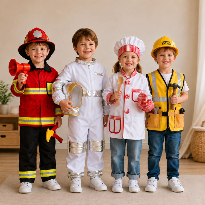 Four children wearing firefighter, astronaut, chef, and construction worker costumes.