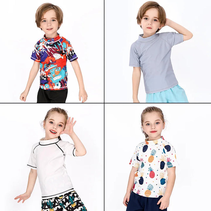 Children modeling graffiti-print, gray, white, and pineapple-print swim shirts