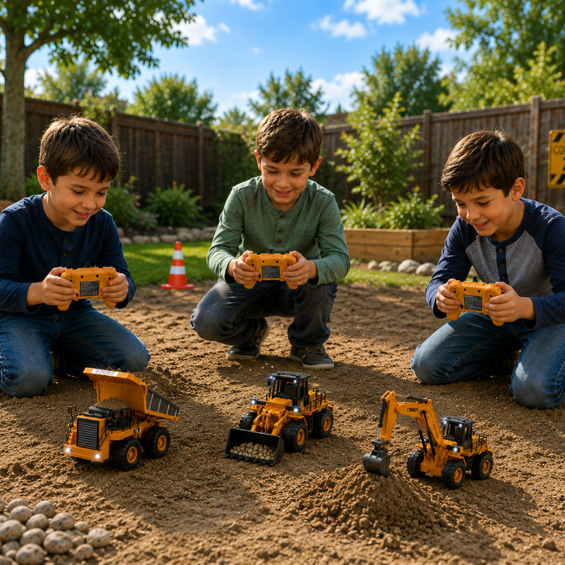 Children using remote controllers to play with three yellow construction vehicles outdoors