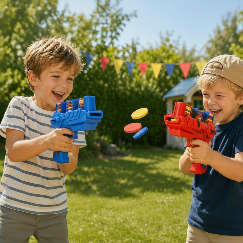 Two children playing outdoors with blue and red foam disc blasters