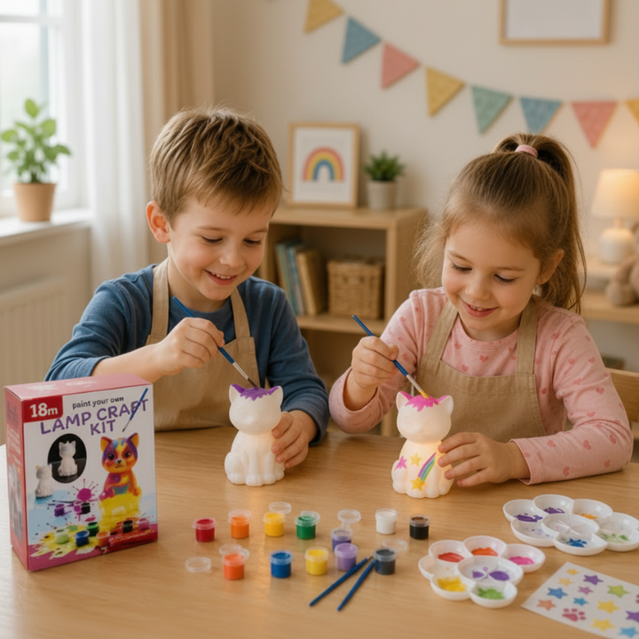 Two children decorating animal lamps with paints, brushes, and palettes spread across a table.