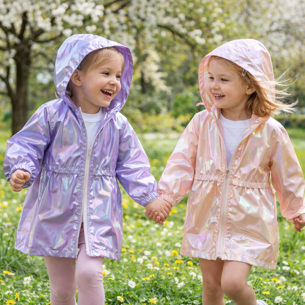 Two children wearing pastel iridescent hooded raincoats on a grassy path.