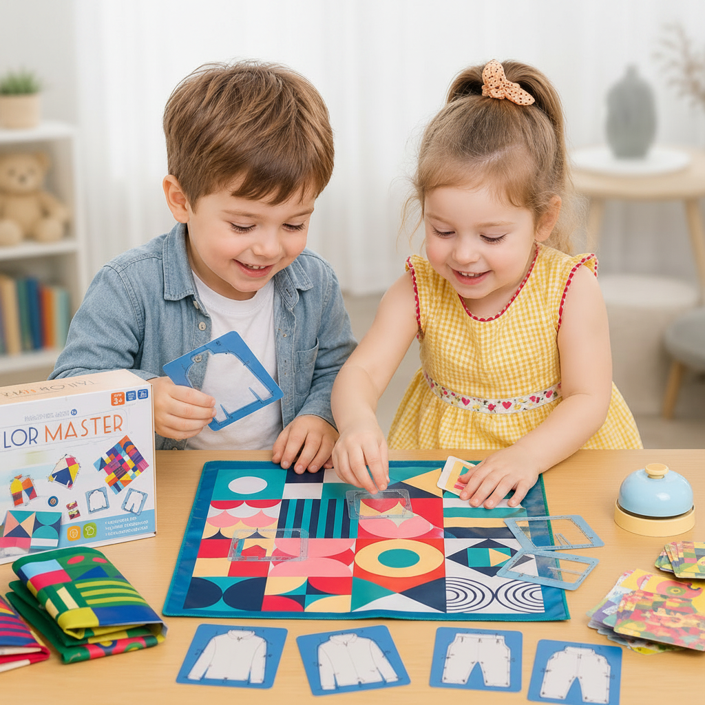 Two children matching colorful patterns on a fabric mat with clothing-shaped frames and a bell