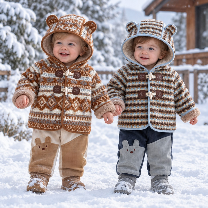 Two children wearing patterned hooded winter jackets and coordinating pants outdoors in the snow