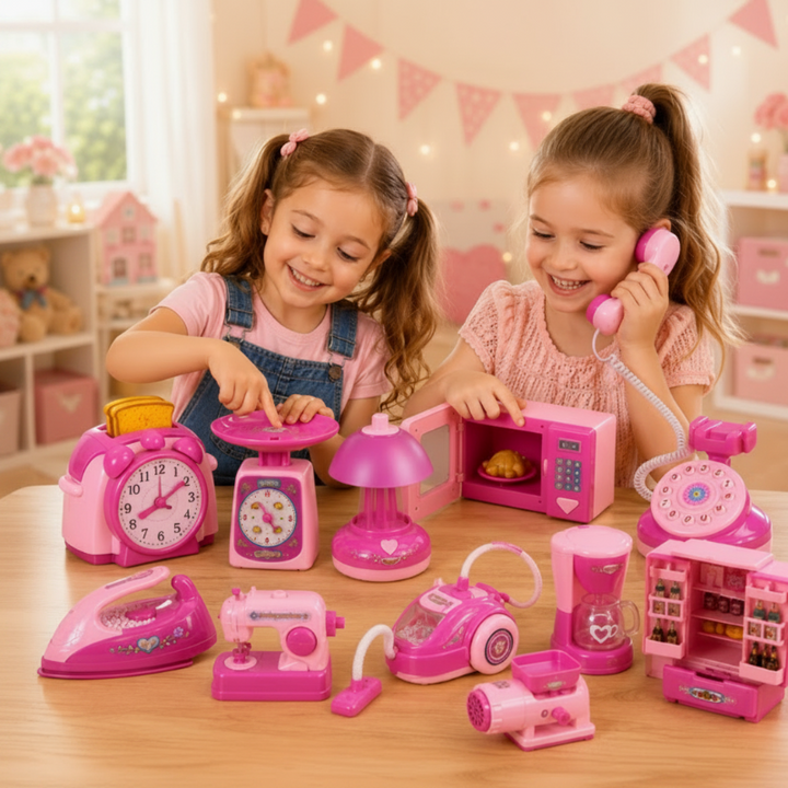 Two children playing with pink toy kitchen and household appliances on a table