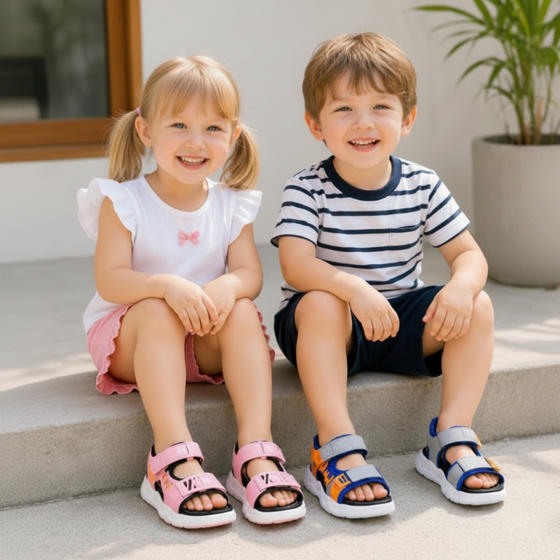 Two children wearing pink and blue sandals while sitting on outdoor steps