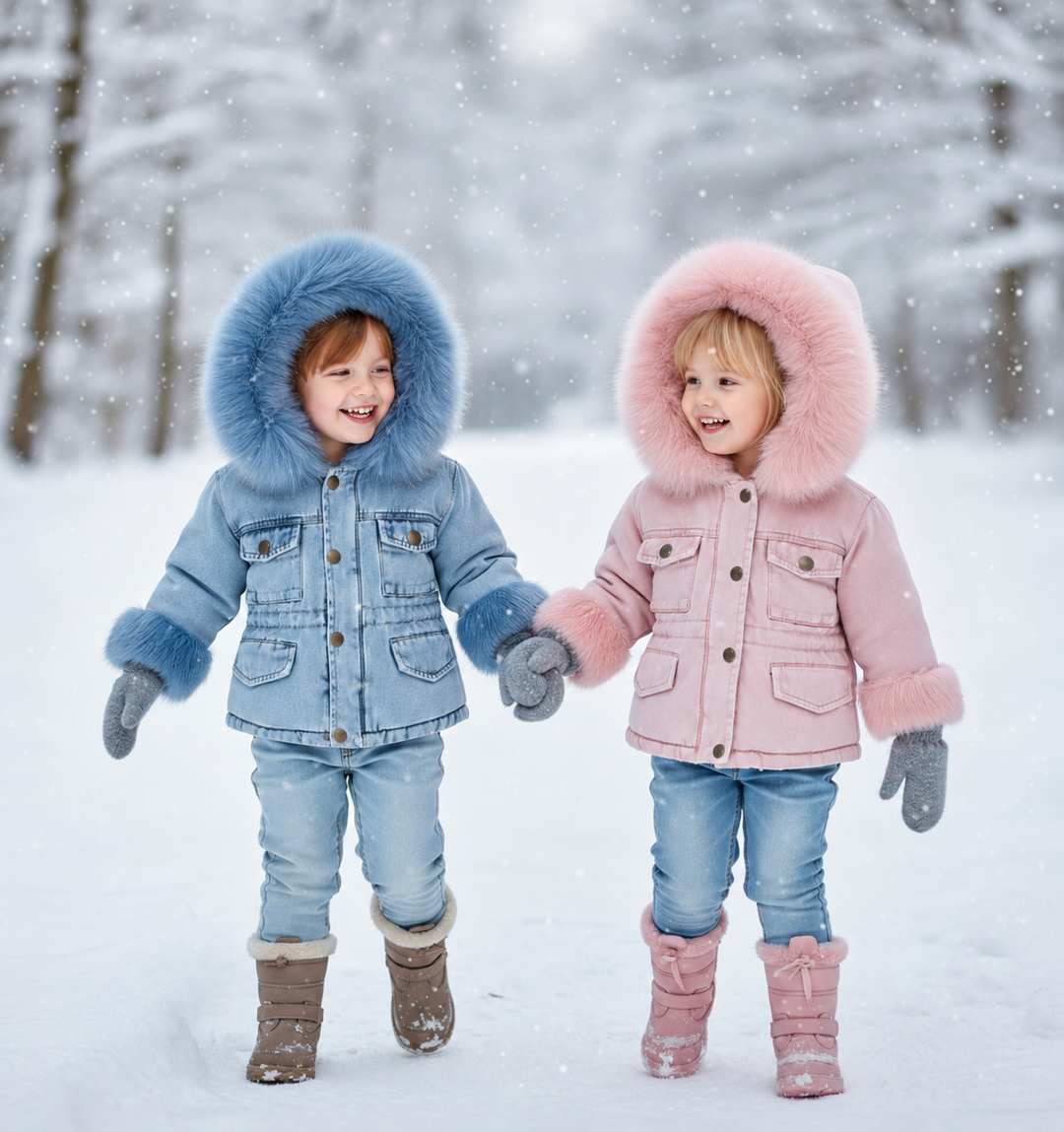 Two children wearing blue and pink hooded winter coats in a snowy setting