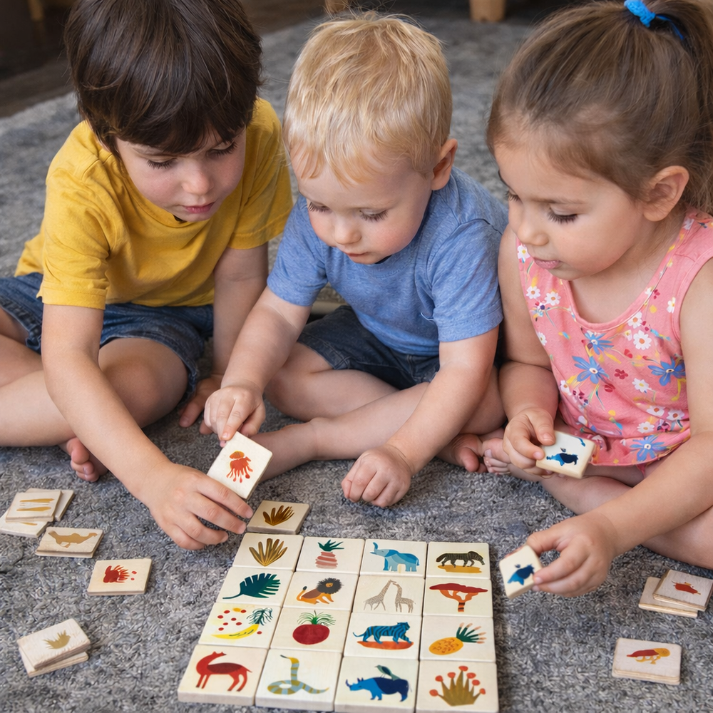 Three children playing with animal and nature matching tiles on a rug