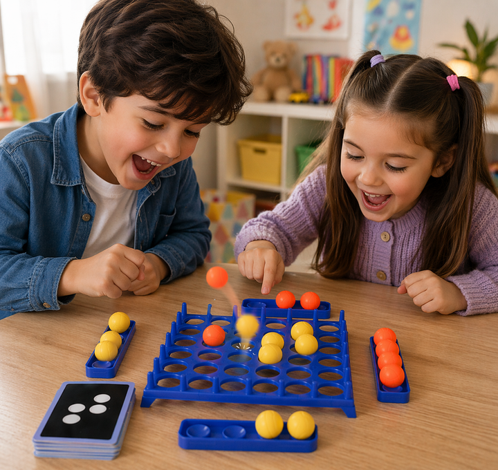 Two children playing a ball-bouncing pattern game on a wooden table