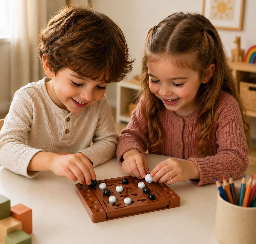 Two children playing the compact brown strategy board game at a table