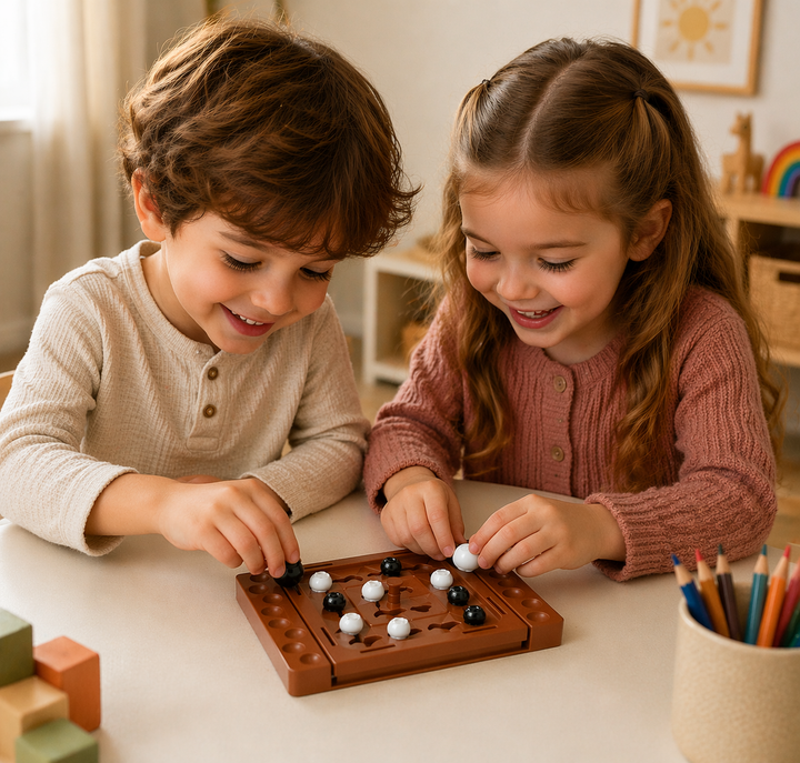 Two children playing the compact brown strategy board game at a table