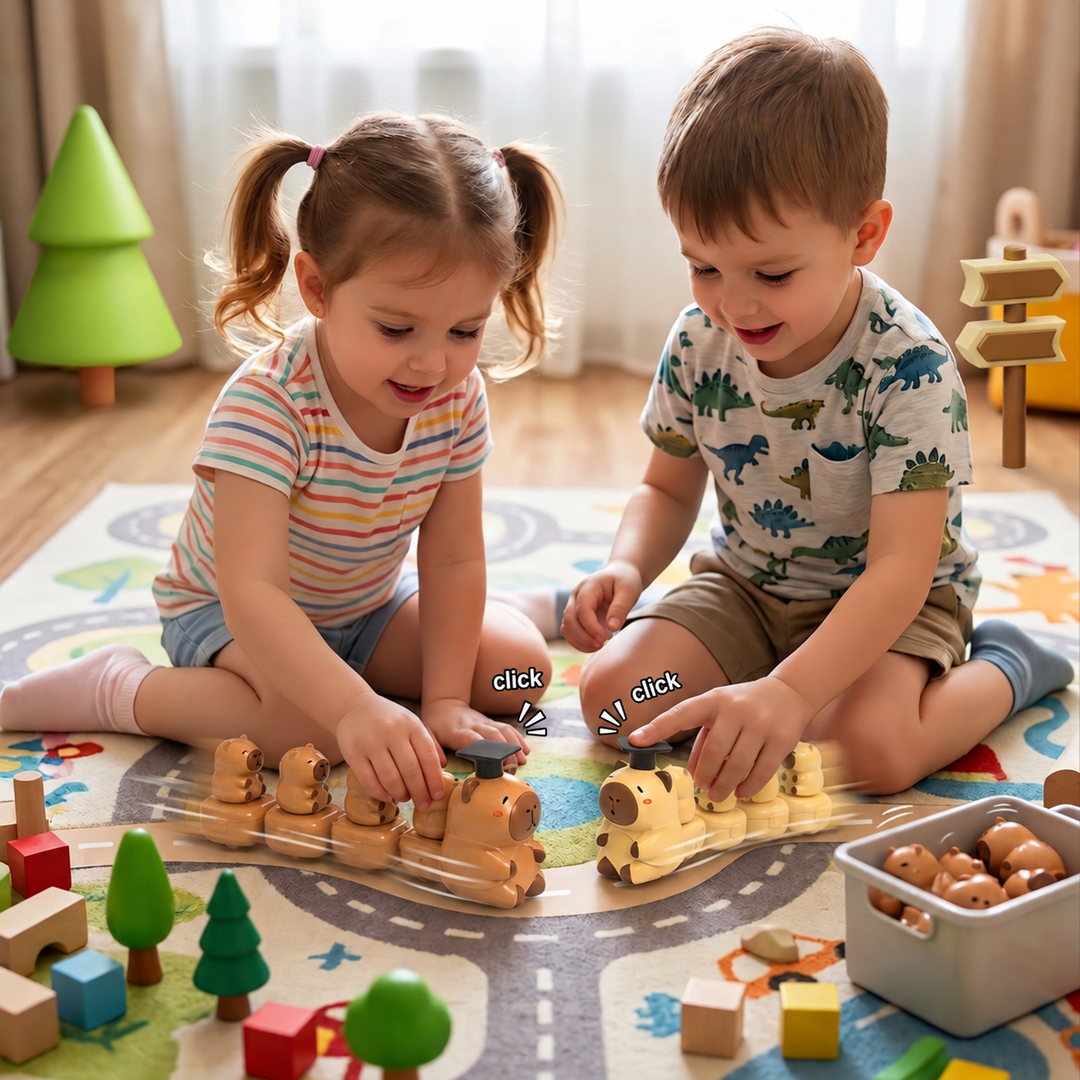 Two children playing with beige and brown capybara toy trains on a road-pattern play mat