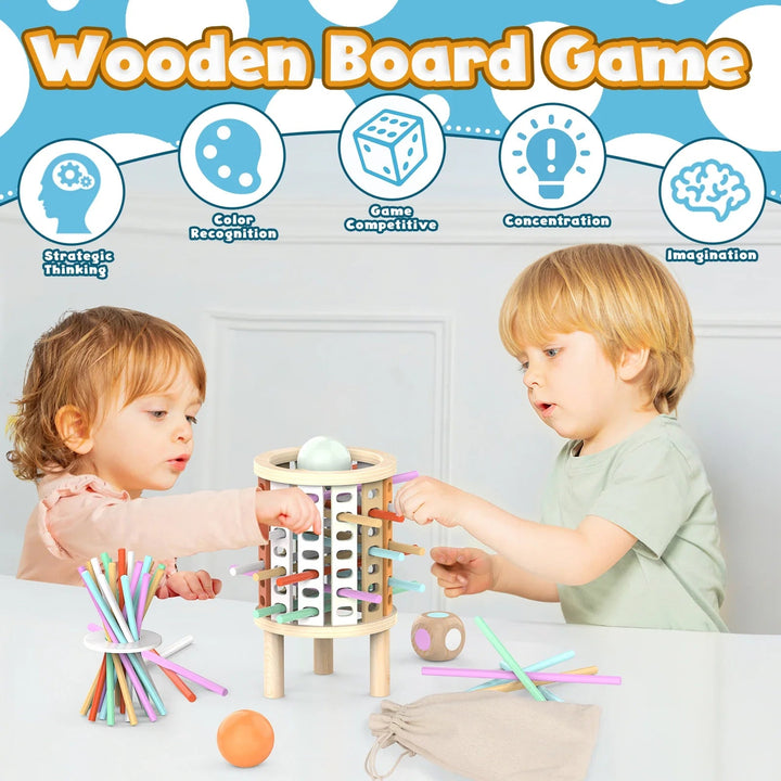 Two children playing with a wooden tower filled with colorful sticks and topped with wooden balls
