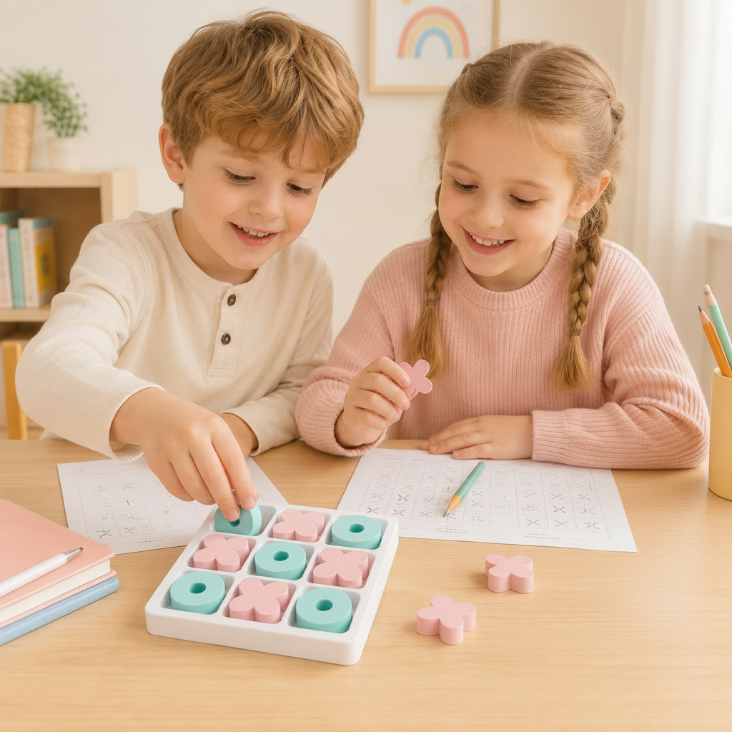 Two children playing tic-tac-toe with pastel erasers at a table.