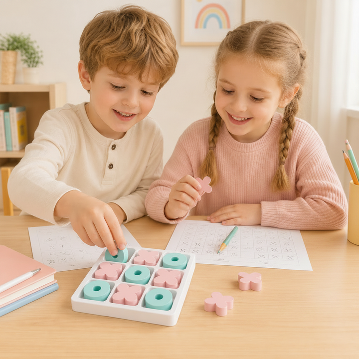 Two children playing tic-tac-toe with pastel erasers at a table.