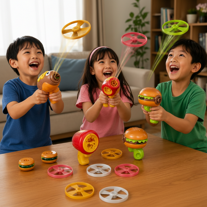 Three children playing indoors with food-shaped launchers and colorful flying disks