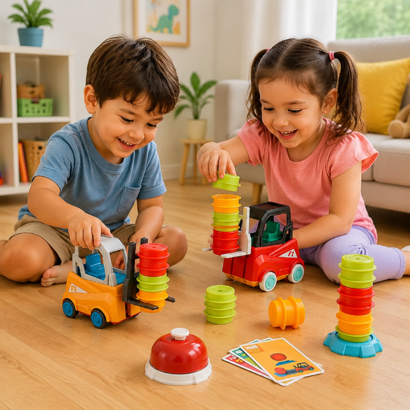 Two children playing a forklift stacking game with red, yellow, and green pieces