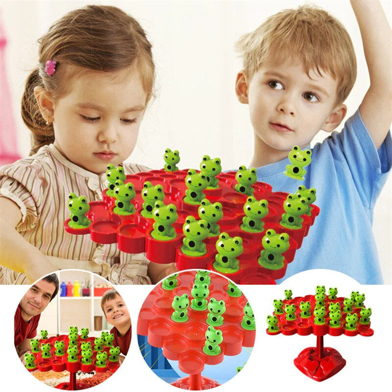 Two children playing with green frogs on a red balancing board.