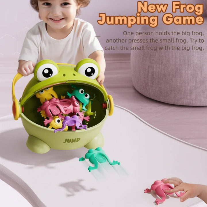 Children playing a press-and-catch frog game with a green frog-shaped catcher.