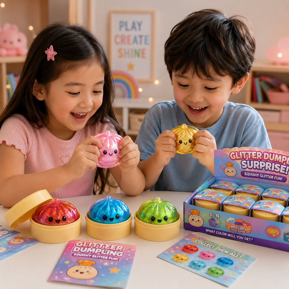 Two children squeezing pink and yellow glitter dumpling toys at a table