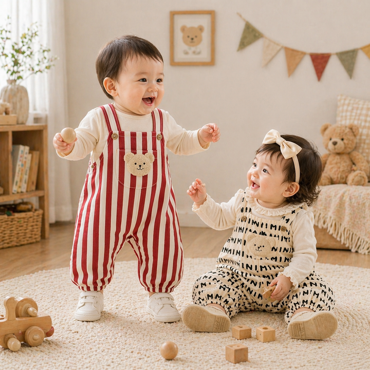 A standing child in the red striped romper beside a seated child wearing the beige MINI print