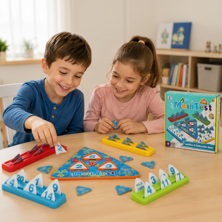 Two children playing a triangular math puzzle game with colorful number cards and card holders