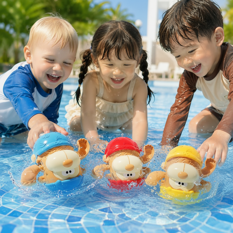 Three children watching yellow, blue and red monkey bath toys in a pool