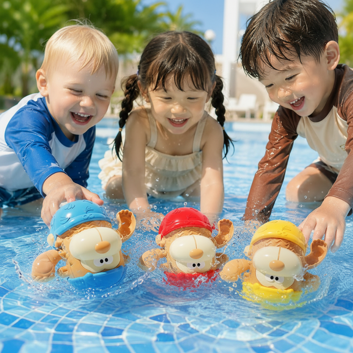 Three children watching yellow, blue and red monkey bath toys in a pool