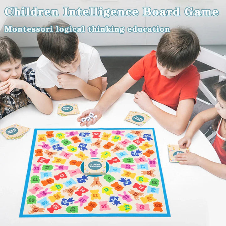 Children gathered around a colorful numbered board during a shared learning game.
