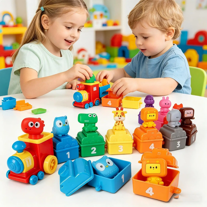 Two children playing with an animal train and opening its numbered wagons